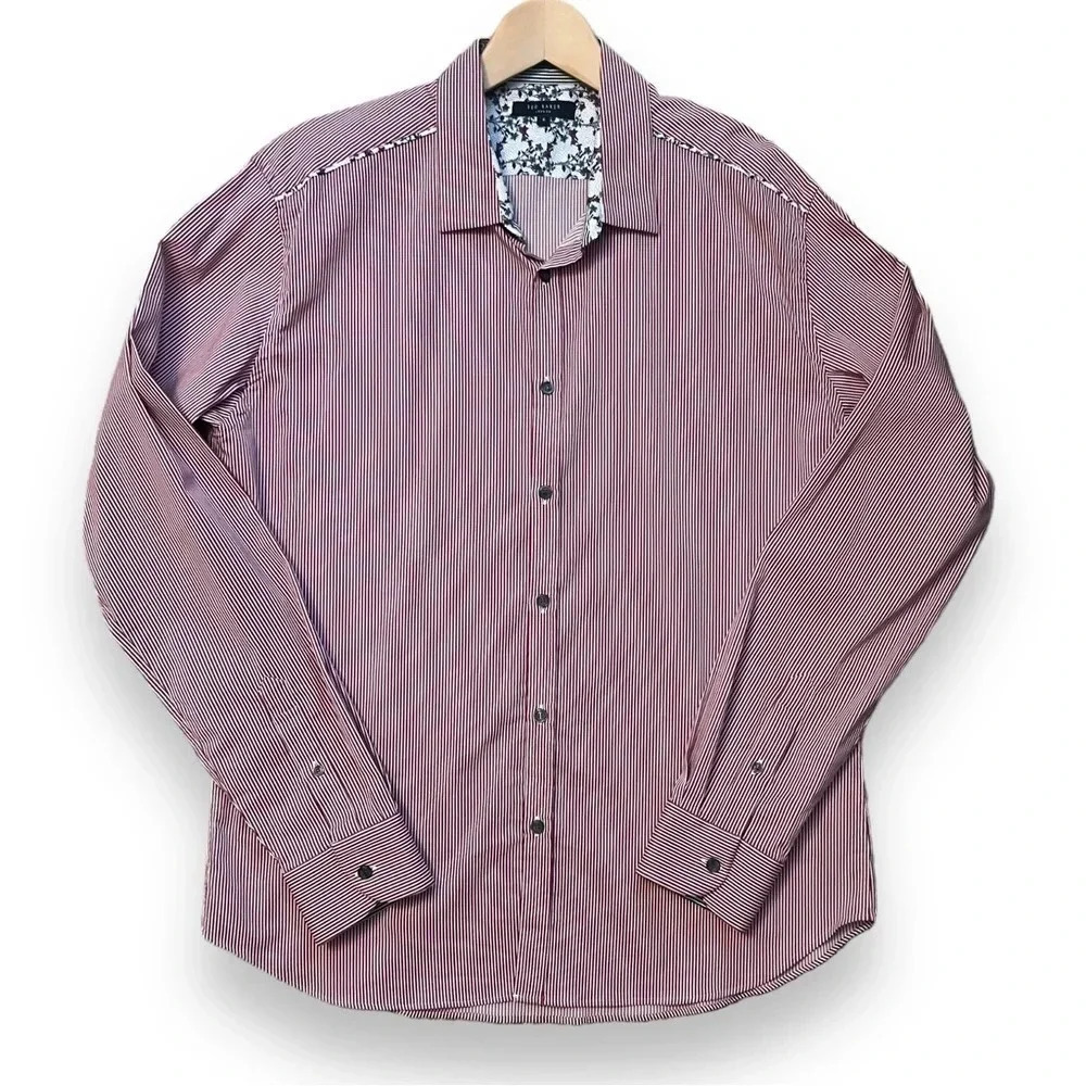 Ted Baker London Pinstripe Burgundy/White Button Down Shirt Men’s XXL - Picture 2 of 10